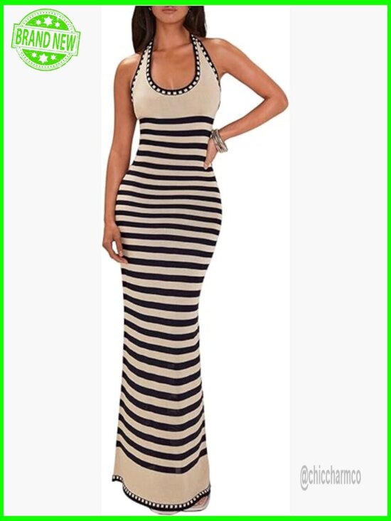 Dresses & Skirts - Striped Halter Knitted Maxi Bodycon Dress Sleeveless Summer